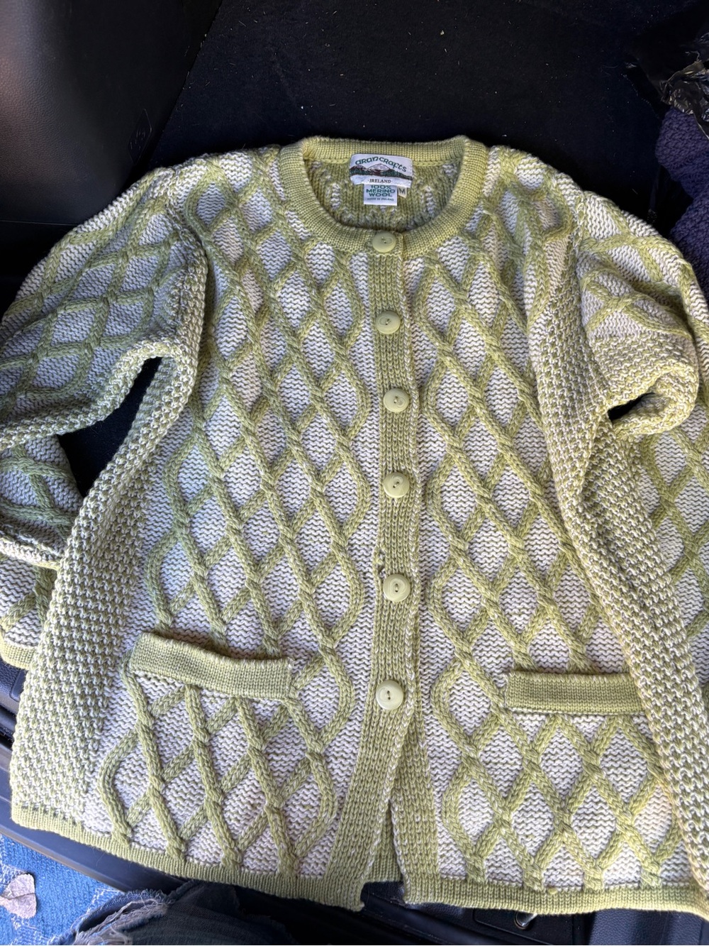 Aran Woollen Mills Irish Wool Cable Knit Cardigan Sweater Green M